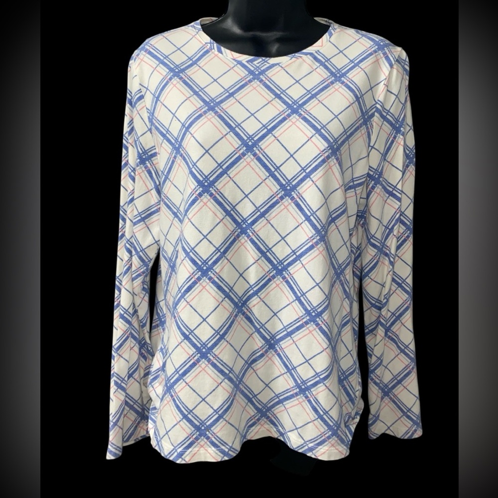 Talbots Women's Colorful Plaid Boat Neck Knit Top Long Sleeves Size Large